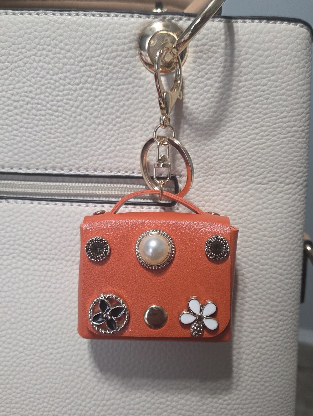 Orange Mini Coin Purse Keychain Card Holder Vegan Leather Air Pods Case